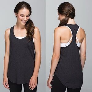 Lululemon Yogi Loose Fit Front Pocket Athletic Racer Tank / Heathered Black Sz 2